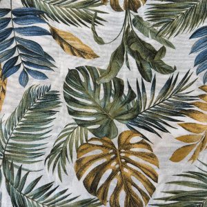 Tela algodón hojas mostazas y azules